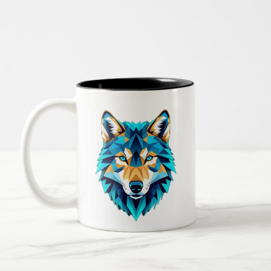 Geometric Wolf Head – Neon Blue Low Poly Animal Ar Tweekleurige Koffiemok (Links)