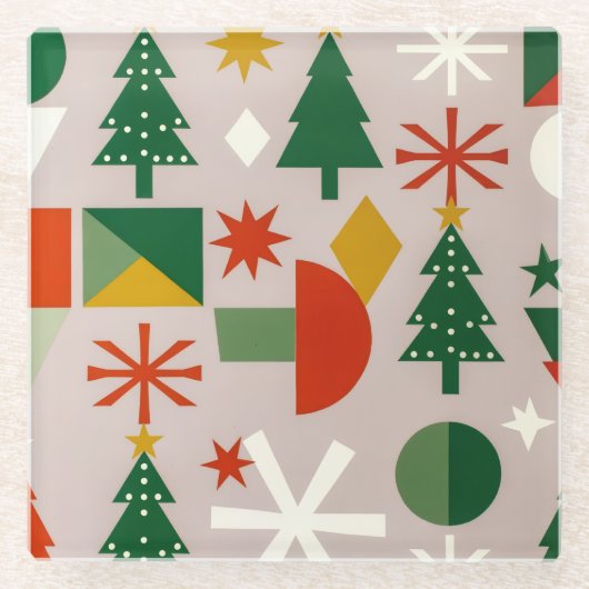 Geometric Xmas Trees Snowflakes Throw Pillow Glazen Onderzetter (Voorkant)