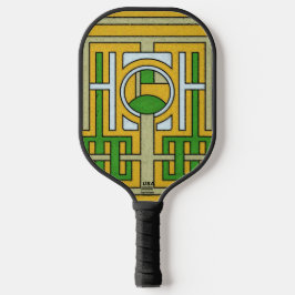 Geometric Yellow and Green Abstract Maze Design Pickleball Paddle