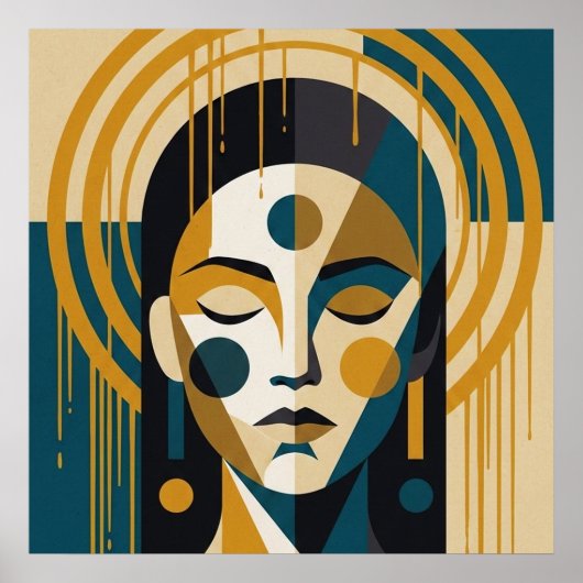 Geometric Zen Portrait in Teal and Ochre Poster (Voorkant)
