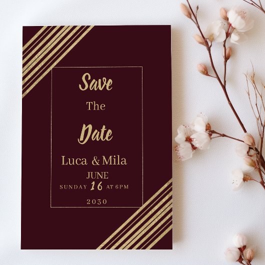 Geometrical burgundy gold typo Save the Date Kaart