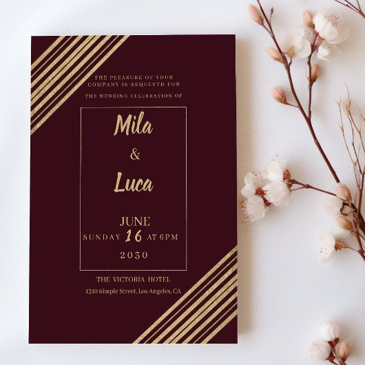 Geometrical burgundy gold typo Wedding Kaart
