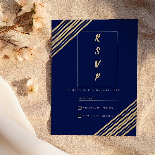 Geometrical navy blue gold typography RSVP  Kaart