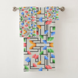 Geometrisch Abstract, blauw, goud, koraal, groen Bad Handdoek