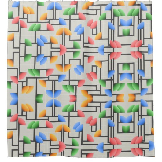 Geometrisch Abstract, blauw, goud, koraal, groen Douchegordijn (Voorkant)