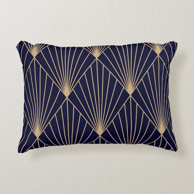 Geometrisch Abstract Donkerblauw Goud Accent Kussen (Voorkant)