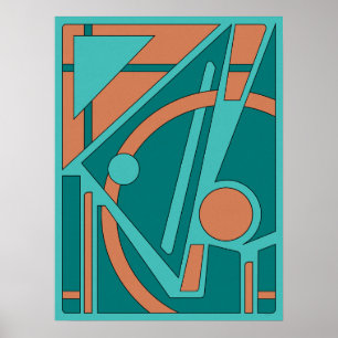 Geometrisch Abstract in Blauwgroen en koraal Poster
