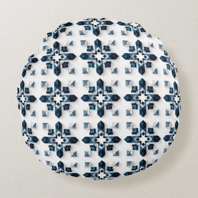 Geometrisch abstract ontwerp in blauw en wit rond kussen (Voorkant)