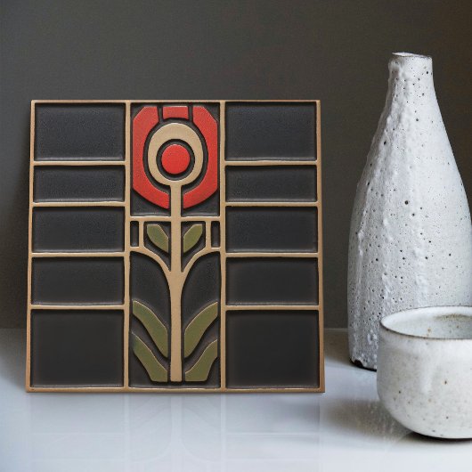 Geometrisch Abstract Oranje bloem midden eeuw Tegeltje