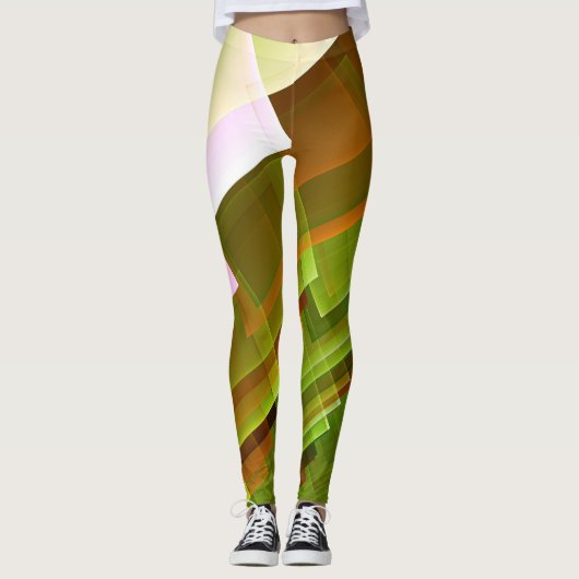 Geometrisch abstract oranje groen patroon leggings (Voorkant)