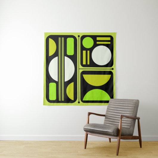 Geometrisch Abstract Retro Art Chartreuse Groen Wandkleed (In situ)