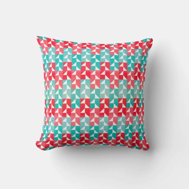 Geometrisch Aqua Blauw en Rood Modern Patroon Kussen (Voorkant)