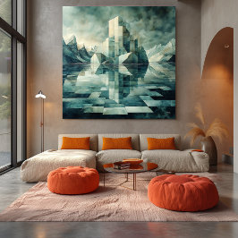 Geometrisch arctisch landschap met ijsbergen canvas afdruk