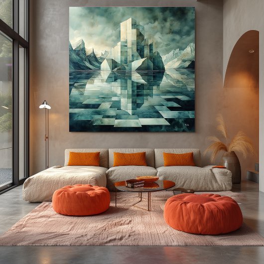 Geometrisch arctisch landschap met ijsbergen canvas afdruk