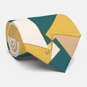 Geometrisch Artistiek Modern Blauwgroen Goud Ivoor Stropdas