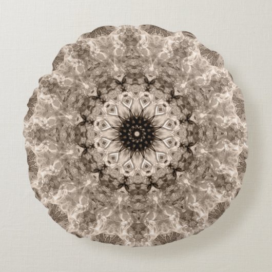 geometrisch, beige, bruin, mandala rond kussen (Voorkant)