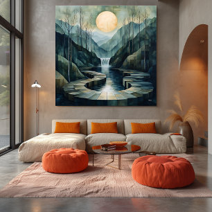 Geometrisch berglandschap met waterval en maan canvas afdruk