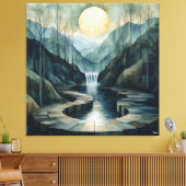 Geometrisch berglandschap met waterval en maan canvas afdruk (Insitu (Woonkamer))