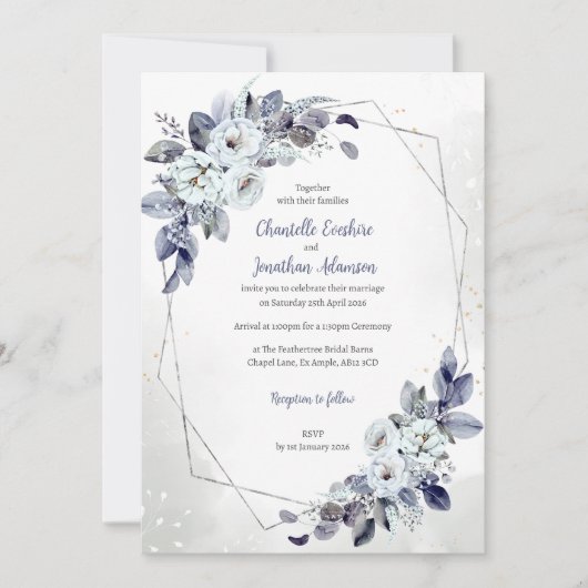 Geometrisch Blauw Bloemen Huwelijksuitnodiging Kaart (Voorkant)