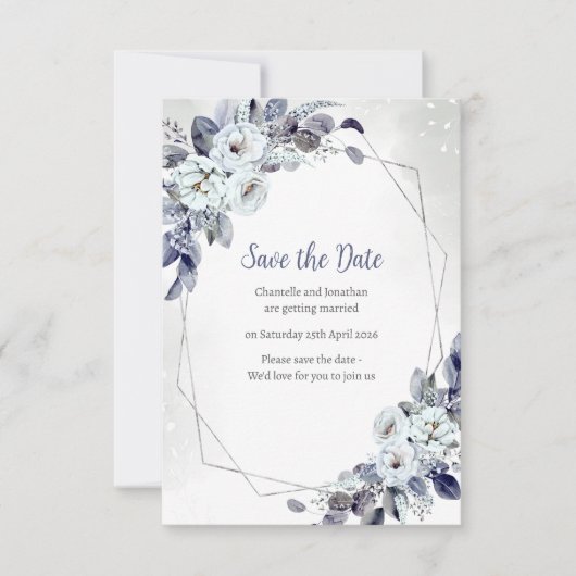 Geometrisch blauw Bloemen Opslaan van de datum Kaa Save The Date (Voorkant)