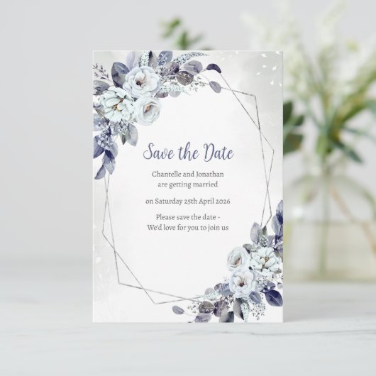 Geometrisch blauw Bloemen Opslaan van de datum Kaa Save The Date (Staand voorkant)