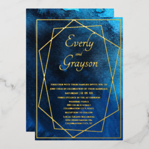 Geometrisch blauw & gouden trouwfolie uitnodiging