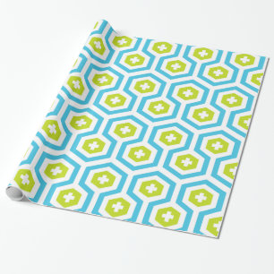 Geometrisch Blauw Groen Zeshoek & Kruispatroon Cadeaupapier