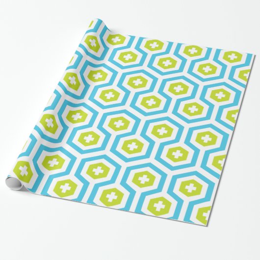 Geometrisch Blauw Groen Zeshoek & Kruispatroon Cadeaupapier (Uitgerold)