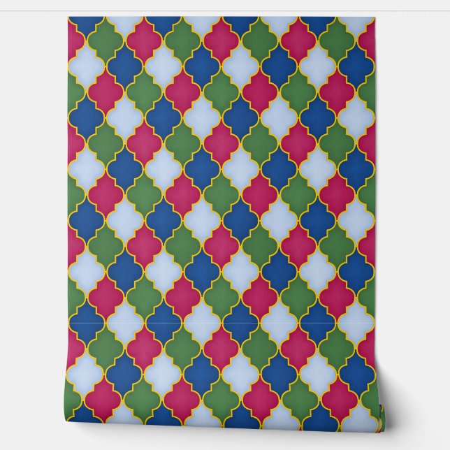 Geometrisch blauw Marokkaans rooster Behang (Afrollen)
