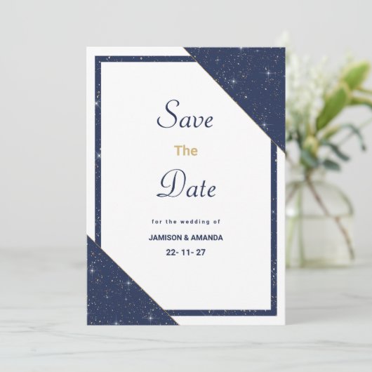 Geometrisch blauw wit goud glitter Save The Date Kaart (Staand voorkant)