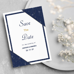 Geometrisch blauw wit goud glitter Save The Date Kaart