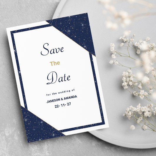 Geometrisch blauw wit goud glitter Save The Date Kaart