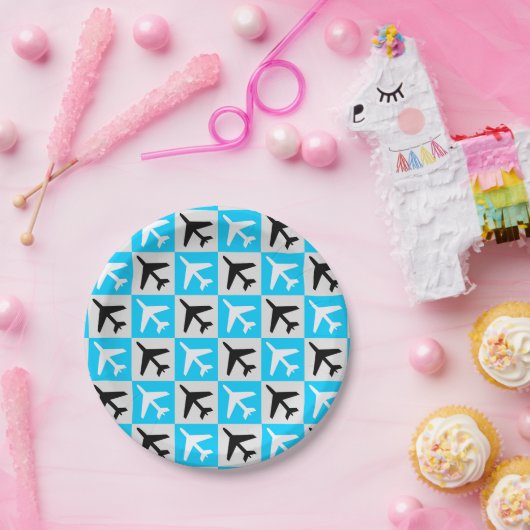 Geometrisch Blauw Wit Luchtvaart Jets Vliegtuig Papieren Bordje (Feest)