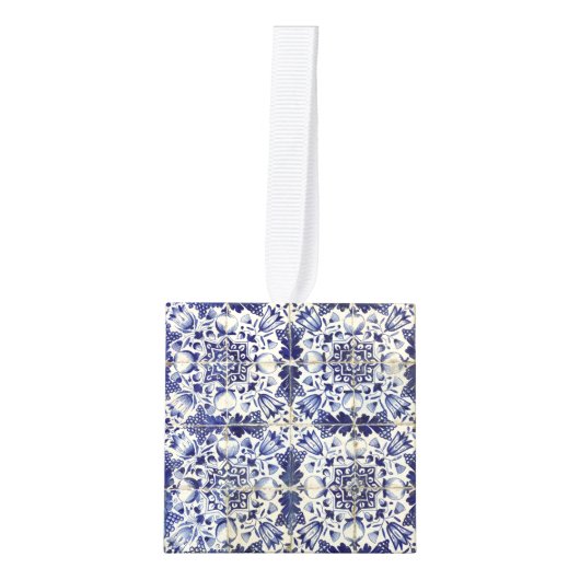 Geometrisch Blauw Wit Tegel Kerstmis Decoratie (Voorkant)