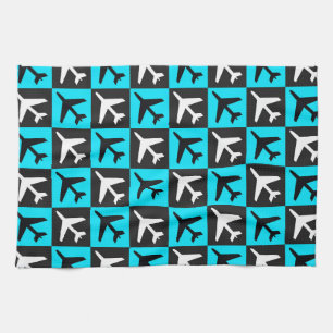 Geometrisch Blauw Zwart Luchtvaart Jets Vliegtuig Theedoek