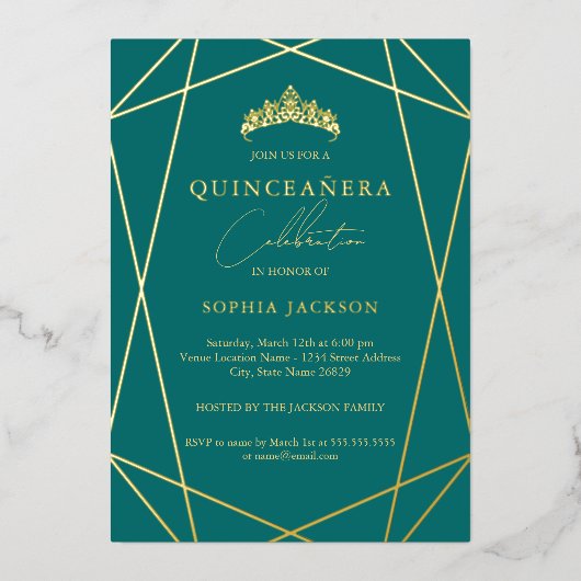Geometrisch Blauwgroen Goud Elegant Quinceanera Fo Folie Uitnodiging (Voorkant)