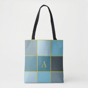 Geometrisch blauwgroen monogram tote bag