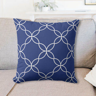 Geometrisch Bloem Vlechtpatroon Blauw Wit Kussen
