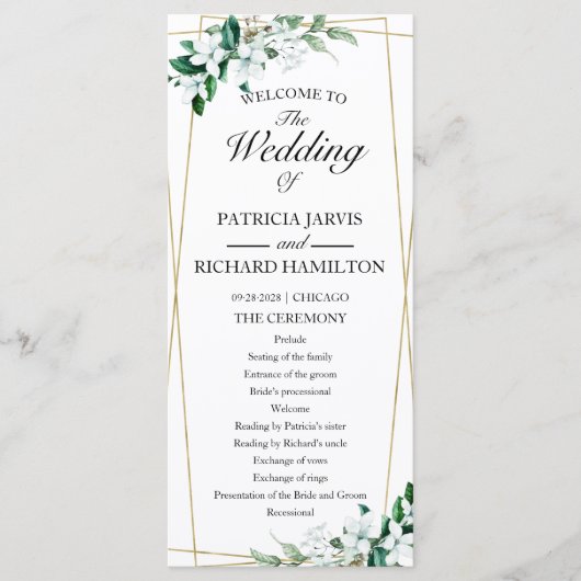 Geometrisch Bloemen Groen Huwelijksceremonie Progr Programmakaart (Voorkant)