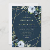 Geometrisch bloemengoud & marineblauw bruiloft kaart (Voorkant)