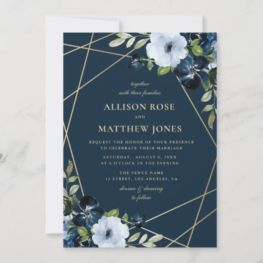 Geometrisch bloemengoud & marineblauw bruiloft kaart (Voorkant)