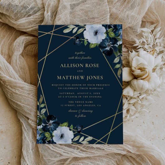 Geometrisch bloemengoud & marineblauw bruiloft kaart
