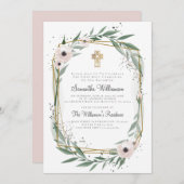 Geometrisch Bloemenkruis Eerste Communie Uitnodigi Kaart (Voorkant / Achterkant)