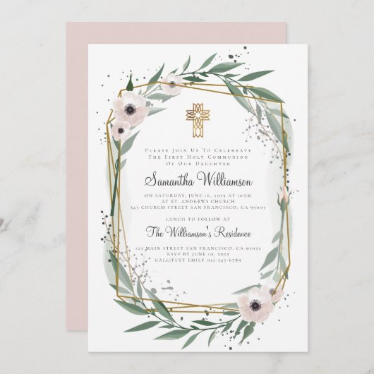 Geometrisch Bloemenkruis Eerste Communie Uitnodigi Kaart (Voorkant / Achterkant)