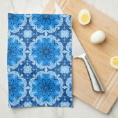 Geometrisch bloemenpatroon in tinten denimblauw theedoek (Quarter Fold)