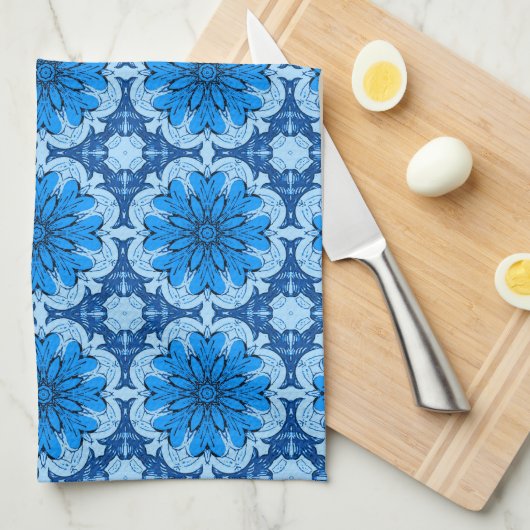 Geometrisch bloemenpatroon in tinten denimblauw theedoek (Quarter Fold)