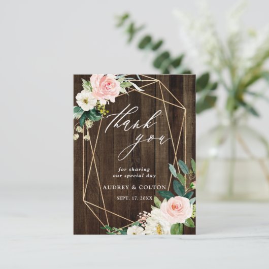 Geometrisch bloemenrustiek hout Dank u foto Briefkaart (Staand voorkant)