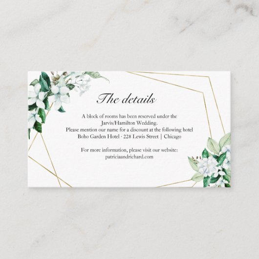 Geometrisch bloemig groen huwelijksenclosure informatiekaartje (Voorkant)