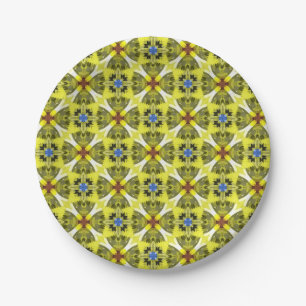 geometrisch bloempatroon in geel, blauw, bruin papieren bordje