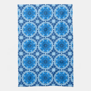 Geometrisch bloempatroon in tinten denimblauw theedoek
